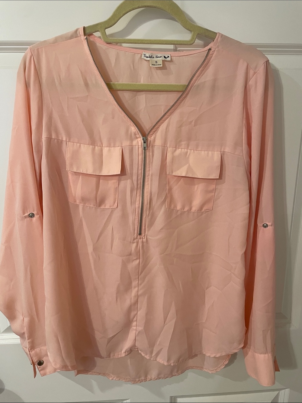 Double Zero Blush Pink Zip-Front Long Sleeve Blouse